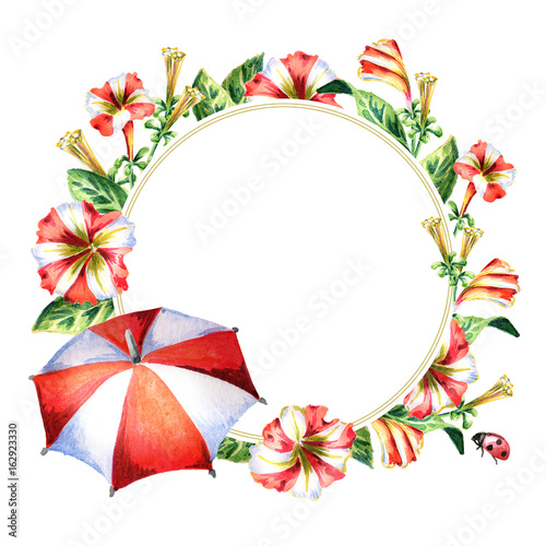 Red and white round lable with flowers and umbrella. Watercolor hand-drawn background