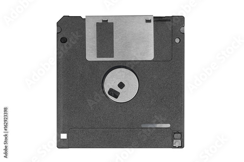 back top view of a black vintage floppy disk on white background