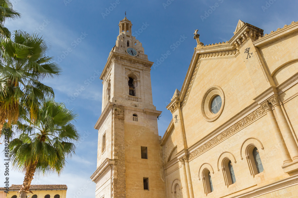 Santa Maria church and palm trees in the center of Xativa