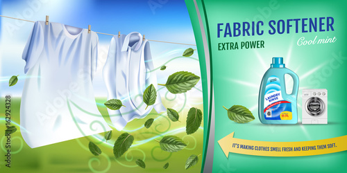 Mint fragrance fabric softener gel ads. Vector realistic Illustration with laundry clothes and softener rinse container. Horizontal banner