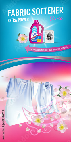 Rose fragrance fabric softener gel ads. Vector realistic Illustration with laundry clothes and softener rinse container. Vertical banner