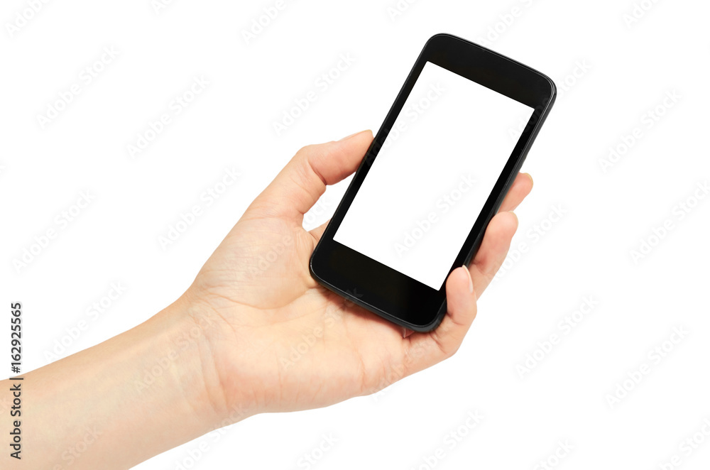 Female hands hold a cell phone, mockup template. Isolated on white background Female hands hold a cell phone, mockup template. Isolated on white background
