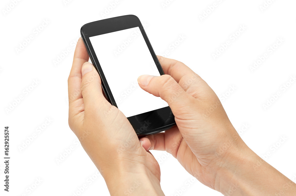 Female hands hold a cell phone, mockup template. Isolated on white background Female hands hold a cell phone, mockup template. Isolated on white background