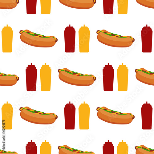 Vector seamless pattern fast food hot dog mustard ketchup background.