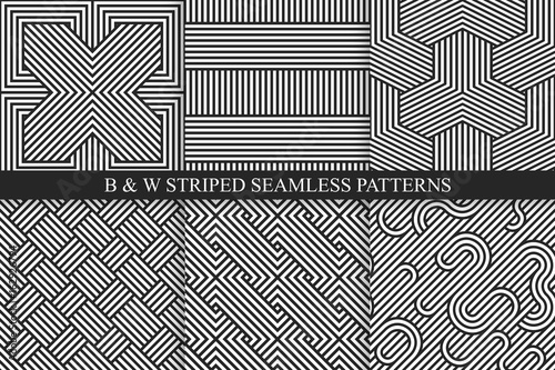 Collection of seamless striped patterns. Black and white wicker texture.