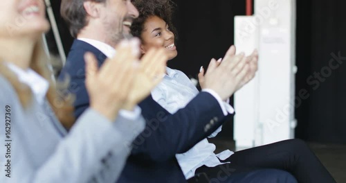 Group Of Business People Applauding At Conference Meeting, Seminar Listeners Greeting Speaker Clapping Hands In Office Slow Motion 60