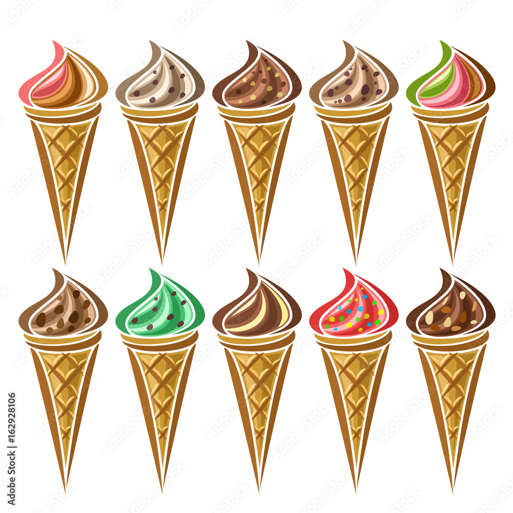 Vector set of Ice Cream in waffle Cone: 10 wafer cones with different ...