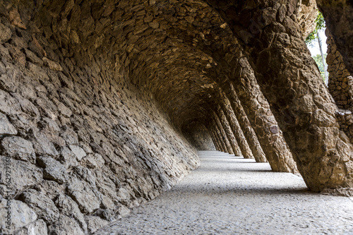 Tunnel passage with pillars from south at park Güell in Barcelona