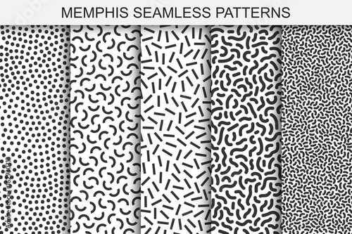 Collection of memphis seamless patterns. Black and white textures. Trendy fashion design 80-90s.