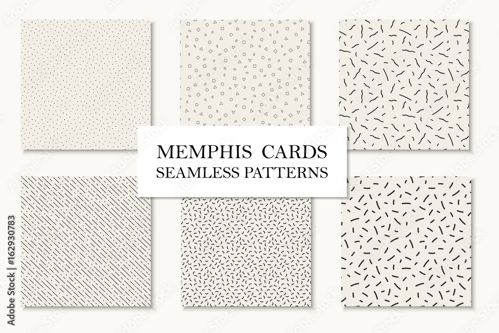Collection of seamless hand drawn memphis patterns, cards. Mosaic textures. Retro design 80 - 90s.