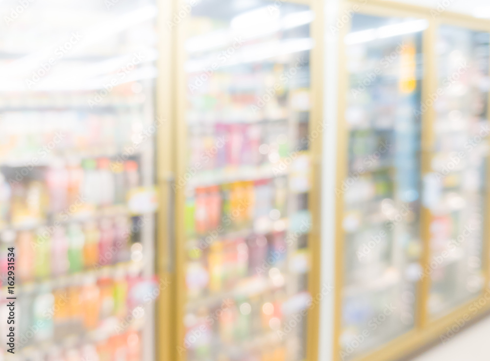 Blurred Interior of Frozen Food with dairy products in Supermarket