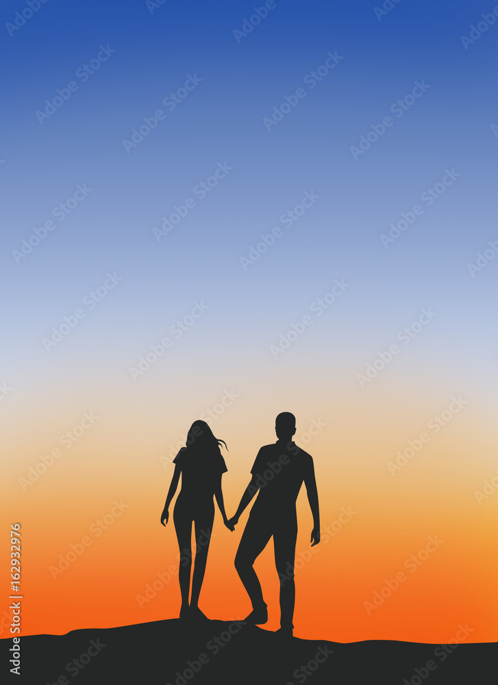 Male and female couples  Walking hand in hand warm silhouette .