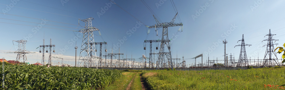 Panorama of high voltage substation. Distribution electrical power.