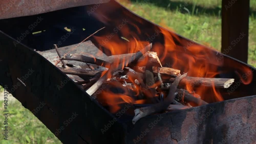 Firewood is burning in the grill Firewood is burning in the grill