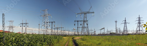 Obraz na płótnie Panorama of high voltage substation. Distribution electrical power. w salonie