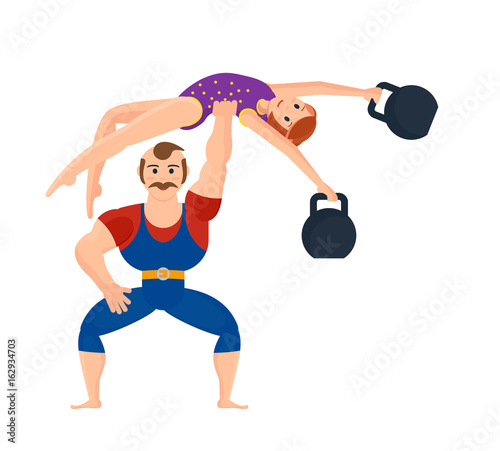 Male athlete, showing the strength exercises holding a gymnast girl.
