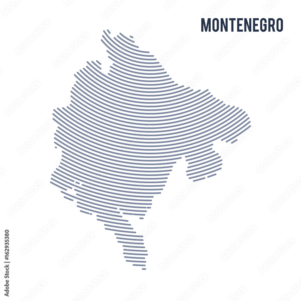 Vector abstract hatched map of Montenegro with curve lines isolated on a white background.