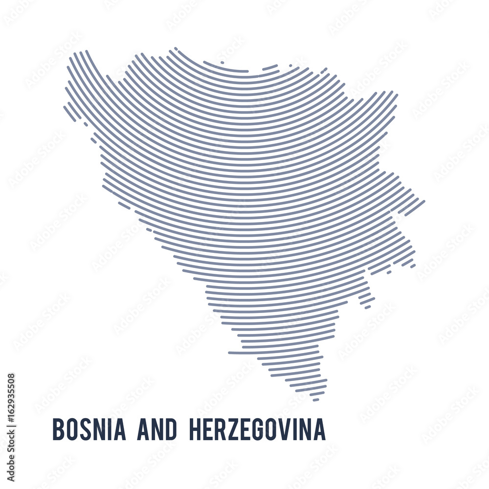 Vector abstract hatched map of Bosnia and Herzegovina with curve lines isolated on a white background.