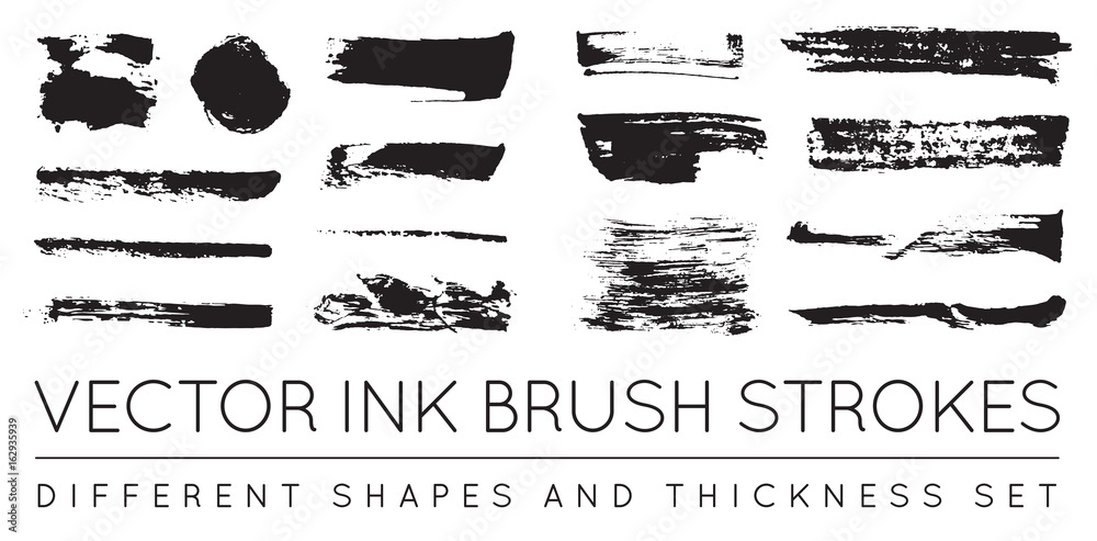 Set of Vector Black Pen Ink Brush Strokes. Grunge Ink Brush Stroke. Dirty Brush Stroke.