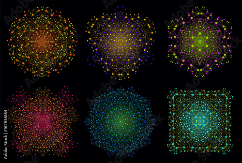 Vector Colorful Bright Lattice Shape, Molecular Structure with Lines and Dots Background Set.