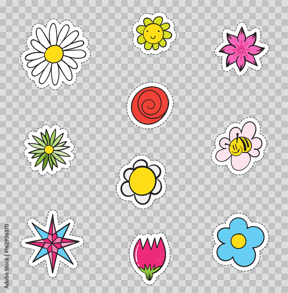 Patch Badges with Flowers. Vector illustration isolated on transparent background. Set Pack of stickers, pins, patches in cartoon 80's - 90's comic style. Patch Badges with Flowers. Vector illustration isolated on transparent background. Set Pack of stickers, pins, patches in cartoon 80's - 90's comic style.
