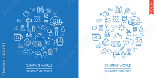 Vector Set of Camping Modern Flat Thin Icons Inscribed in Round Shape