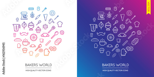 Vector Set of Bakery Modern Flat Thin Icons Inscribed in Round Shape