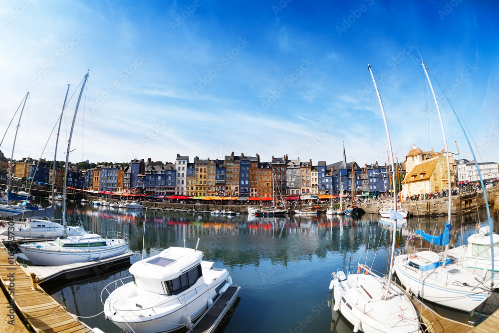 Panoramic view of Honfleur harbor with yachts
