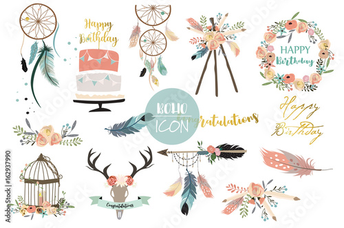 Cartoon icon collection with wreath,feather,flower,cage,wild and arrow