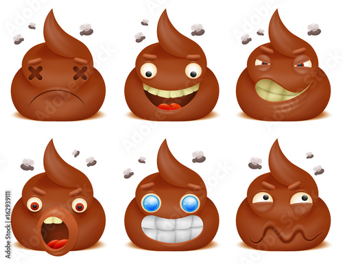 Set of funny poo emoticon cartoon characters