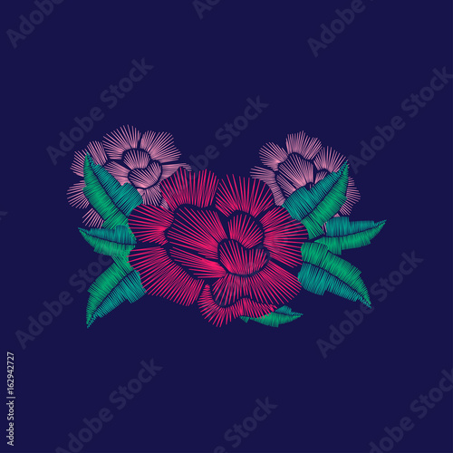 Rose embroidery stitches composition for fashion wearing. Vector design. 