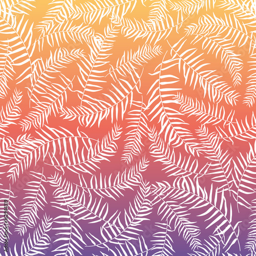 Tropical plam leafs pattern design with sundown background