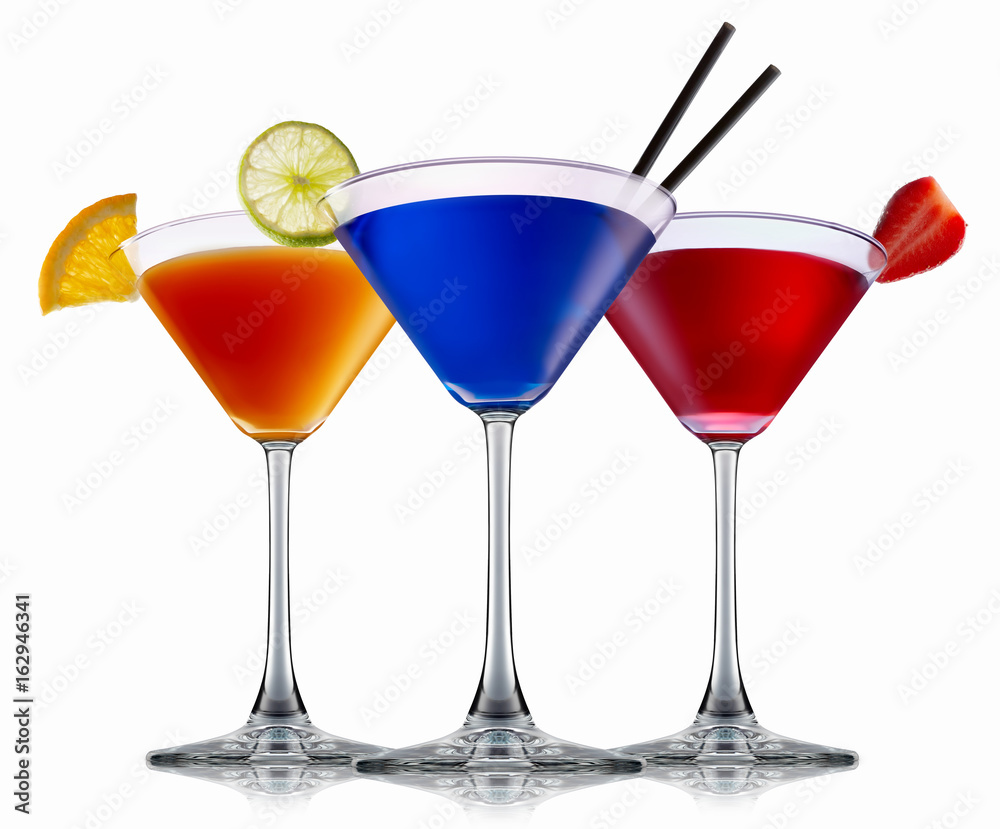 alcohol cocktail set on a white with fresh summer fruits alcohol cocktail set on a white with fresh summer fruits