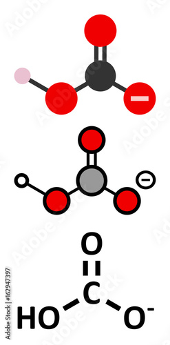 Bicarbonate anion, chemical structure. Common salts include sodium bicarbonate (baking soda) and ammonium bicarbonate.