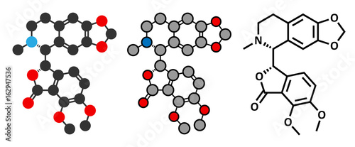 Hydrastine herbal alkaloid molecule, found in Hydrastis canadensis (goldenseal).