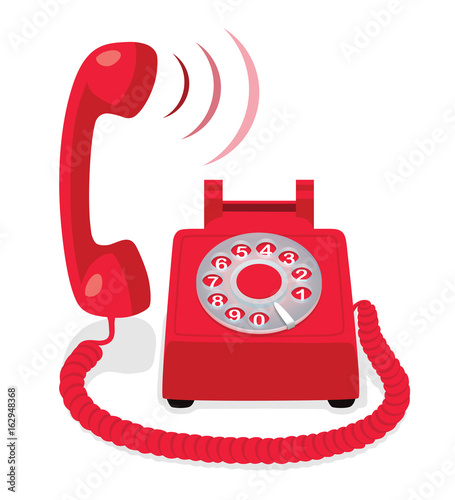 Red stationary phone with rotary dial and raised handset
