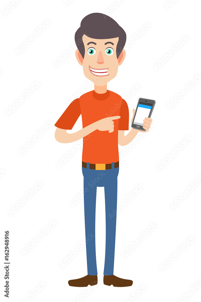 Man pointing at mobile phone in his hand Man pointing at mobile phone in his hand