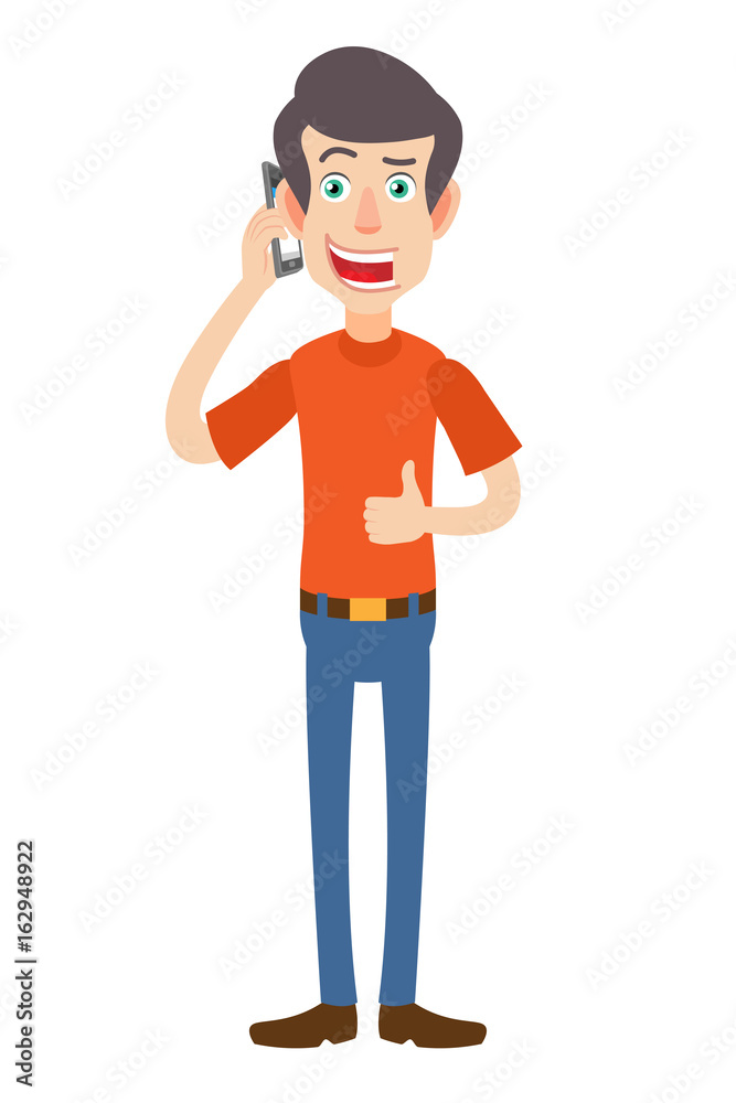 Man talking on mobile phone and showing thumb up