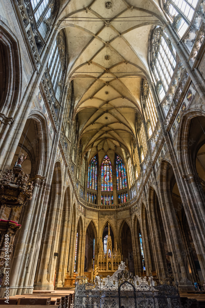 Cathedral nave and sanctuary of the St. Vitus, Wenceslaus and Adalbert cathedral in Prague, Czech Republic