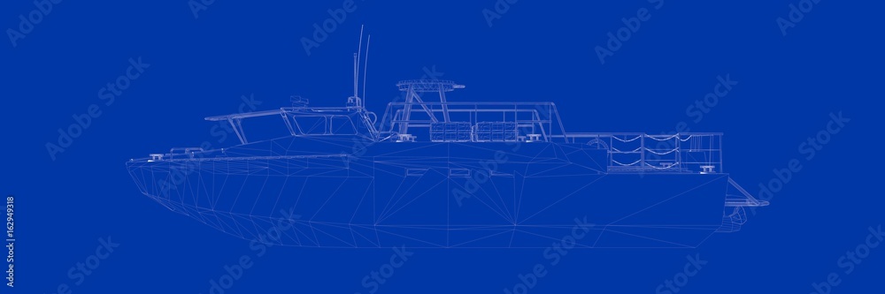 3d rendering of a ship on a blue background blueprint