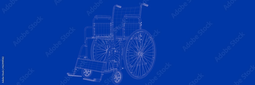 3d rendering of wheel chair on a blue background blueprint