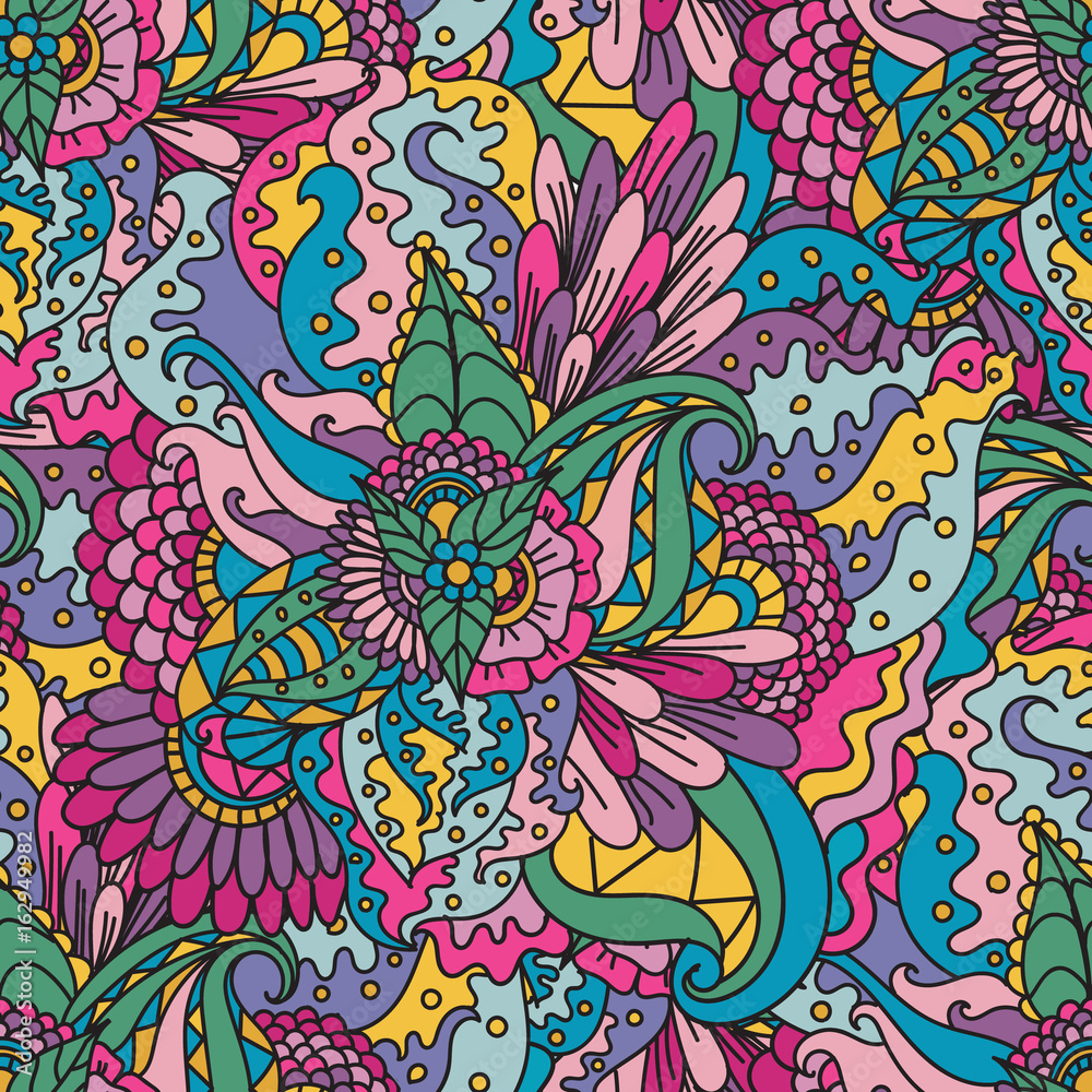 Vector seamless pattern. Bright fashionable pattern is perfect for textilefor wallpaper,pattern fills, web page background.Colorful decorative seamless hand drawn doodle nature ornamental curl vector