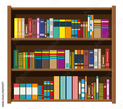 Library book shelf. Bookcase with different books.