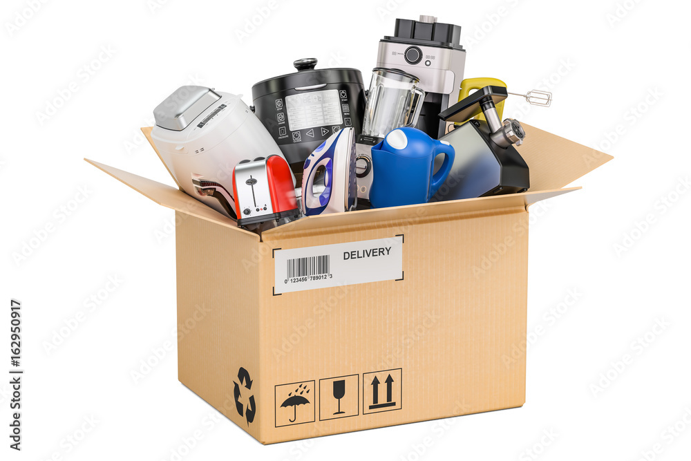 Cardboard box with household and kitchen appliances, delivery concept. 3D rendering Cardboard box with household and kitchen appliances, delivery concept. 3D rendering