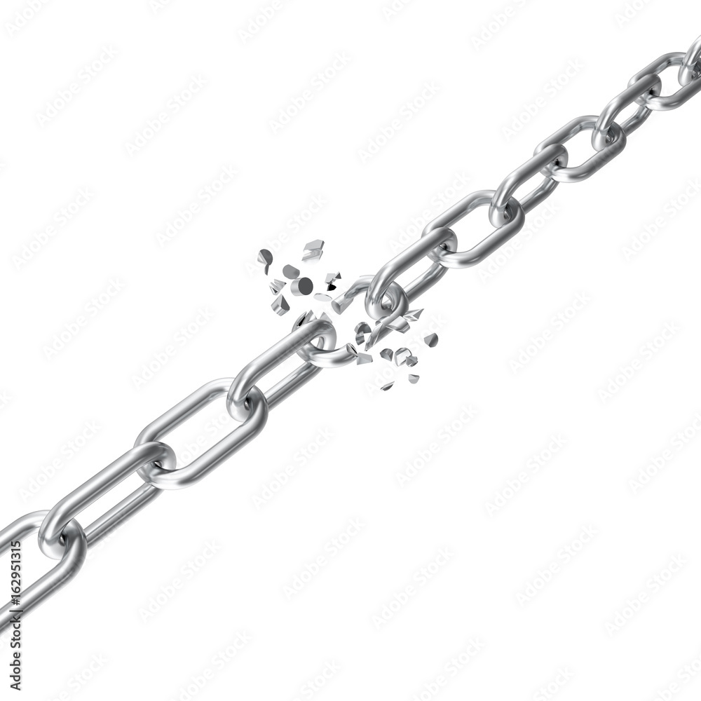 Broken steel, Broken metal chain links freedom concept. Disruption strong steel, 3D illustration Broken steel, Broken metal chain links freedom concept. Disruption strong steel, 3D illustration