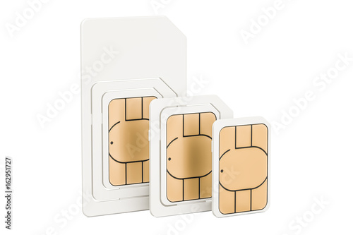 Set of sim cards mini, micro, nano, 3D rendering photo