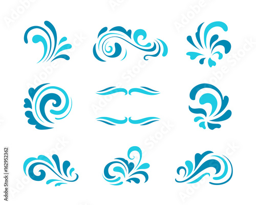 Wave icons, set of simple swirls and splashes on white