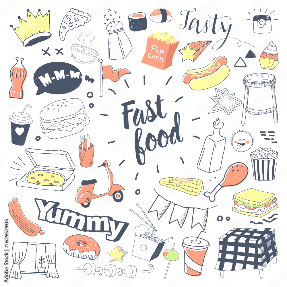Fast Food Hand Drawn Doodle with Burger, Snacks and Drinks. Unhealthy Food Freehand Elements Set. Vector illustration