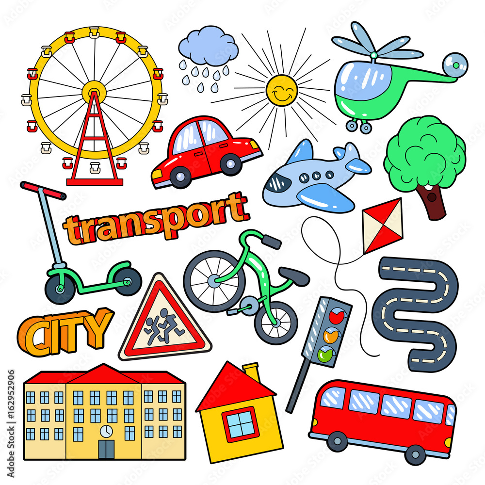 Children Transport Doodle with Bicycle, Bus and Airplane. Vector illustration
