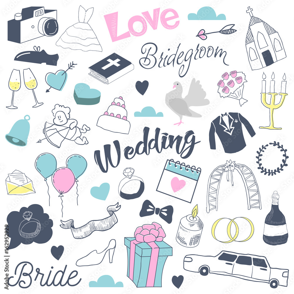 Freehand Wedding Hand Drawn Doodle with Bride, Hearts and Romantic Elements. Love and Romance. Vector illustration